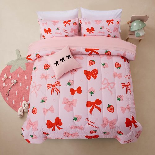 A Nice Night Red Bow Comforter Set,6 Piece Bed in a Bag Matching Sheet Set,Cute Ribbon Bowknot Bedding Sets,Princess Style Strawberry Printed,Light Pink Room Decor for Girls,Twin