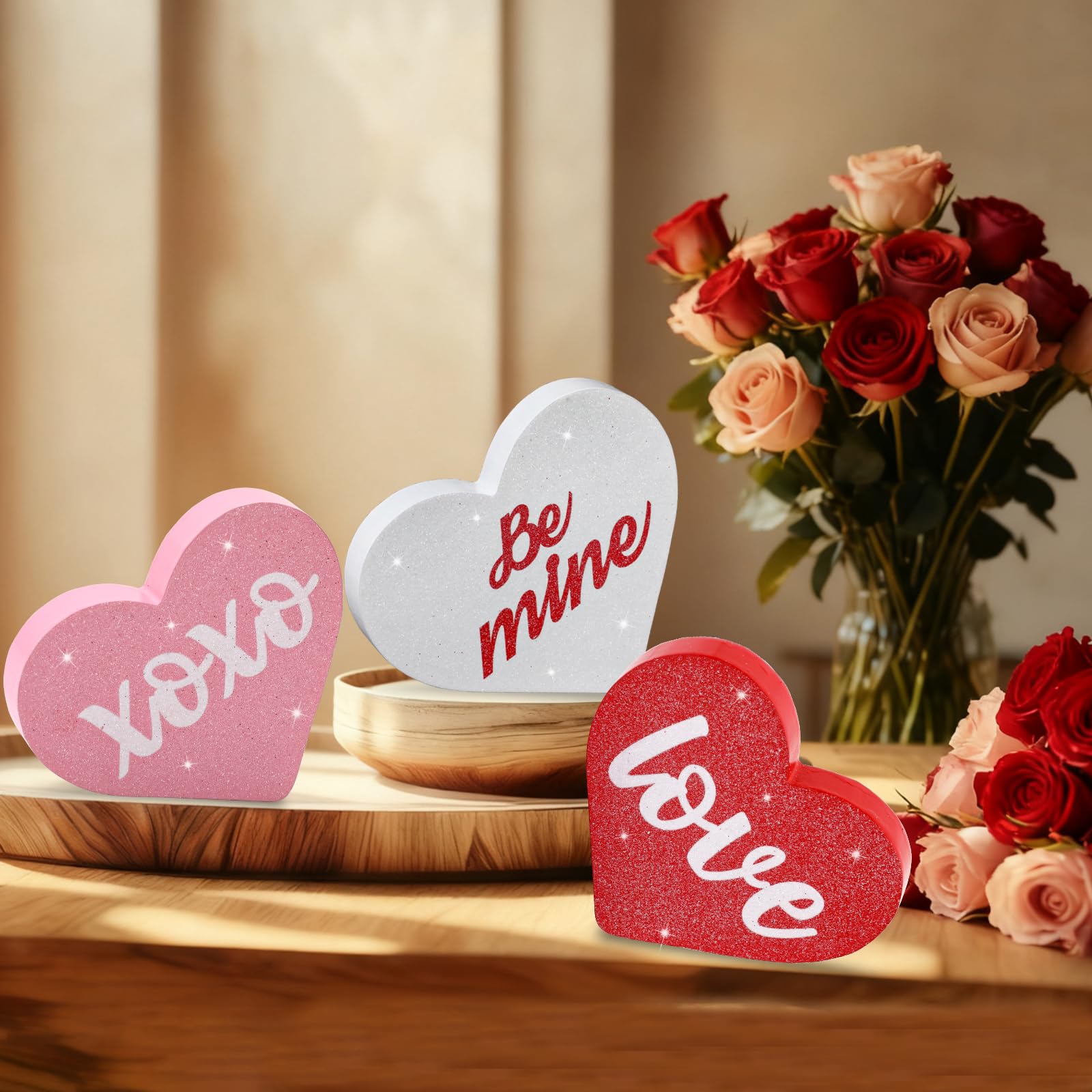 PETKNOWS Valentine's Day Wooden Heart Decor Set, Wooden Sign Set for Indoor Tabletop Decoration, Rustic Table Centerpiece for Home, Kitchen, Mantel Desk