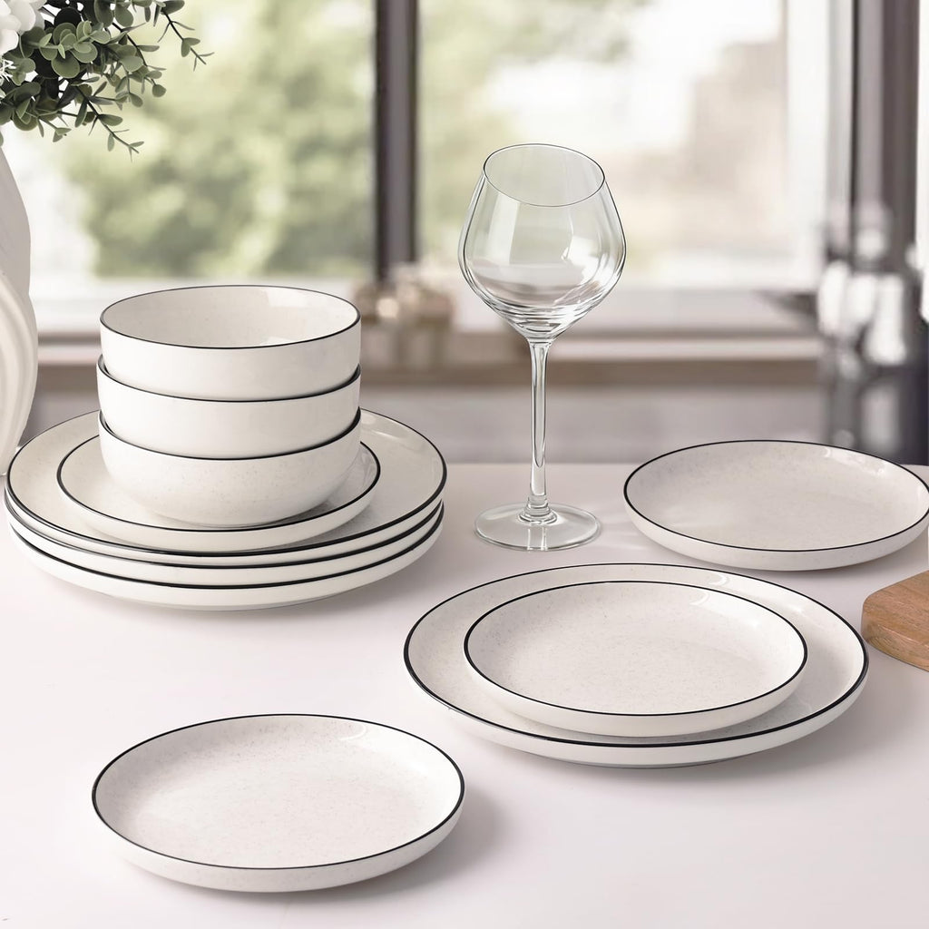 SOVEGLEE Plates and Bowls Sets for 4,12 Pieces Ceramic Dish set, White Dinnerware Set for Kitchen, Modern Design Plate Sets with Black Rim, Microwave and Dishwasher Safe