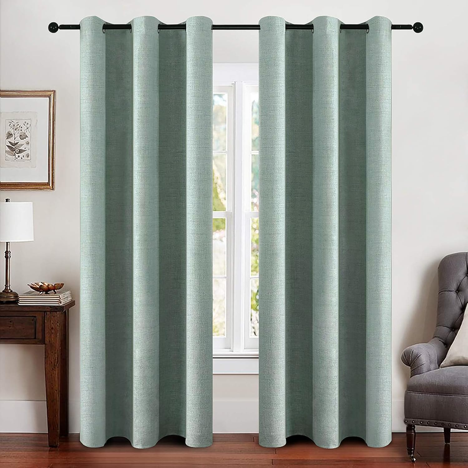 MIULEE Linen Blackout Curtains - 100% Room Darkening Thermal Insulated Grommet Panels | Seafoam Green, 42" x 90" (2 PCs)