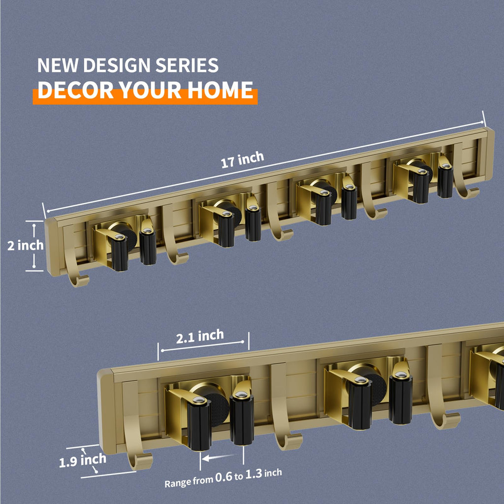 reliahom Broom Holder Wall Mount, 4 Racks with 5 Hooks Bronze - Mop Storage Tool Racks, Broom Hanger Tool Organizer for Garage, Kitchen, Garden, Laundry Room