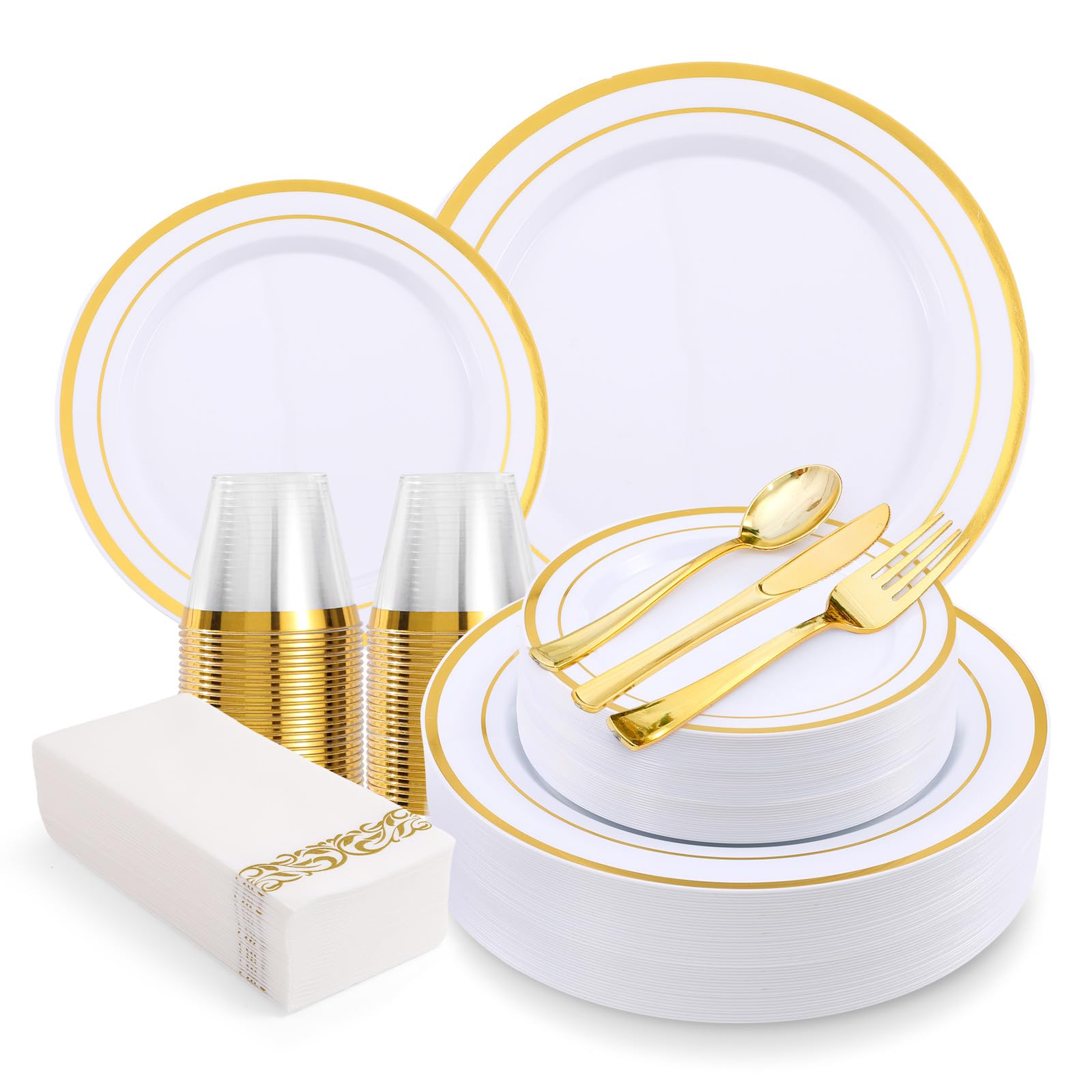 VajilaPhil 350-Piece Gold Rim Plastic Dinnerware Set for 50 Guests, Elegant Disposable Dinnerware for Party, Wedding. Includes Dinner Plates, Dessert Plates, Gold Silverware, Napkins, Cups