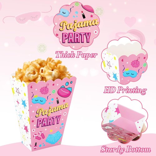 CHENRINDECO 24Pcs Pajama Party Popcorn Boxes Girls Sleepover Party Popcorn Container Slumber Favor Bags Boxes for Girls Pajamas Slumber Night Out Party Decoration