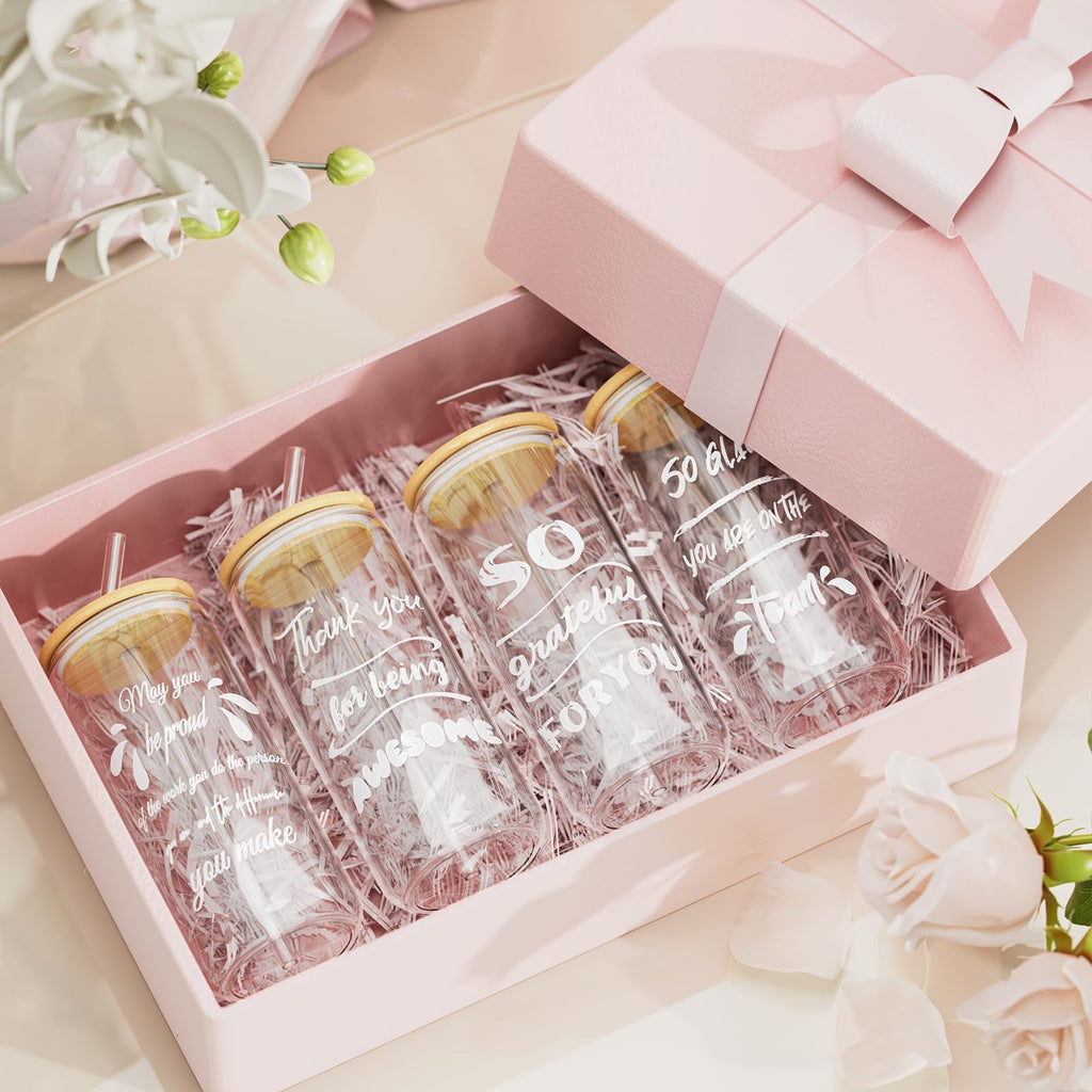 12 Set Employee Appreciation Gift, Inspirational Thank You for Women Best Friends, Teacher, Nurse, Boss, Staff - Farewell for Coworkers, 20oz Glass Cups With Lids and Straws (Mixed)