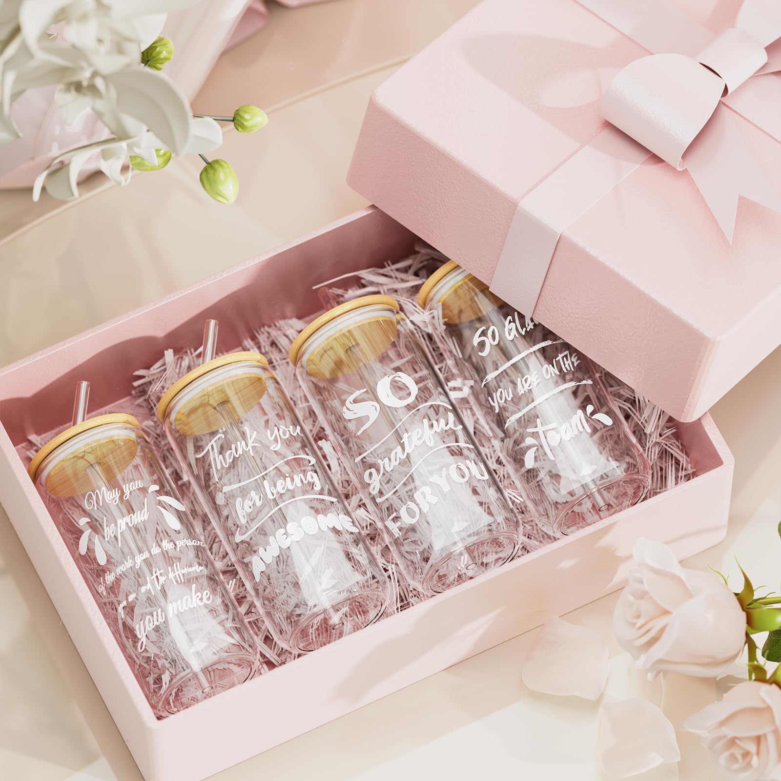 12 Set Employee Appreciation Gift, Inspirational Thank You for Women Best Friends, Teacher, Nurse, Boss, Staff - Farewell for Coworkers, 20oz Glass Cups With Lids and Straws (Mixed)