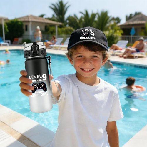 9 Year Old Boy Gifts, Birthday Gifts for 9 Year Old Boy, Cool 9th Birthday Gifts for Boys, Game Theme LEVEL 9 UNLOCKED Water Bottle Baseball Cap Socks Bag Keychain Wristbands for Son Nephew Grandson