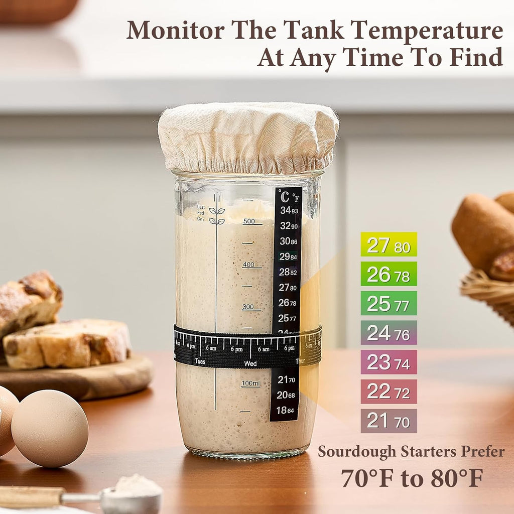 Skiennix Glass Sourdough Starter Jar Kit - 24 oz Wide Mouth with Date Marked Band & Thermometer