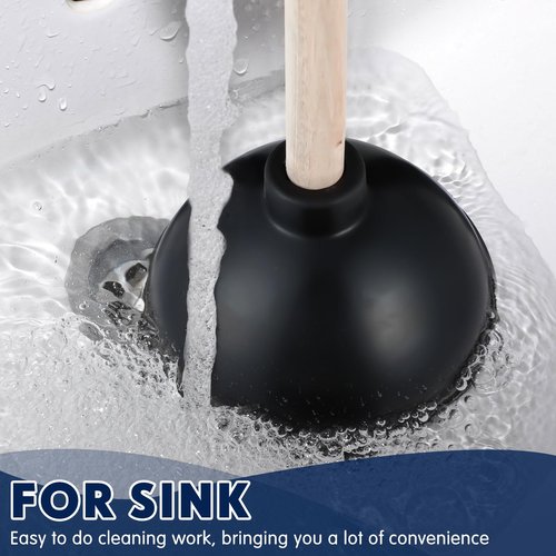 Dandat 6 Pcs Rubber Toilet Plunger with Double Thrust Force Suction Cup Long Wooden Handle Toilet Bowl Plunger Heavy Duty Pump Clogged Solution for Bathroom Stores Restaurants (Black)