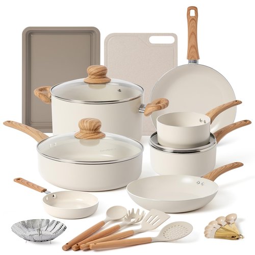ONGIFT 23 Pcs Pots and Pans Set Nonstick, Kitchen Cookware Sets, with Frying Pan, Saucepan, Saute Pan, Lightweight Cooking Set with Stay-Cool Wood Print Handles, NO PFAS and PFOA, Light Wood