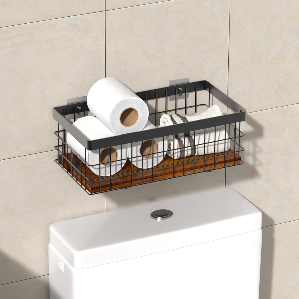 Alytree Toilet Paper Basket with Decorative Wood Base, Small Metal Wire Basket for Toilet Paper, Cosmetic & Spices, Wall Mount Storage Basket for Bathroom, Kitchen