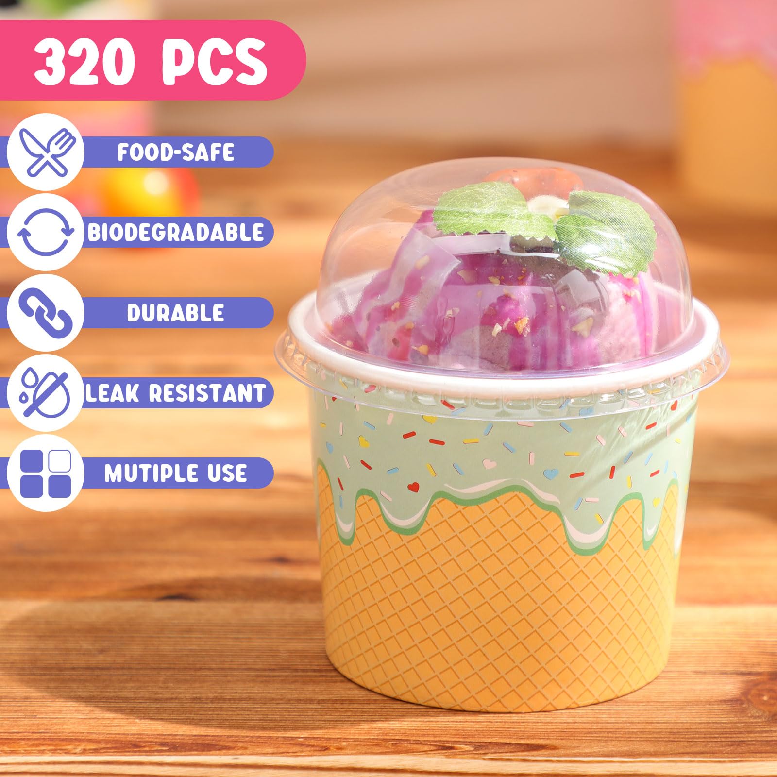 Jingmore 160 Count Paper Ice Cream Cups with Clear Dome Lids Disposable Dessert Cups Bulk Dessert Bowls Sundae Containers for Snack Yogurt Soup Birthday Ice Cream Party Supplies (6 oz)