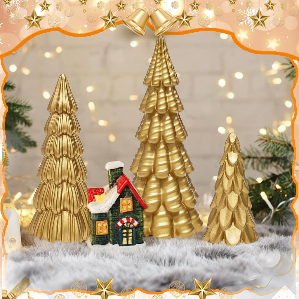 Warmtree Gold Christmas Tree Figurines Set - 3 Pcs Small Resin Tabletop Decor for Indoor Holiday Home Styling