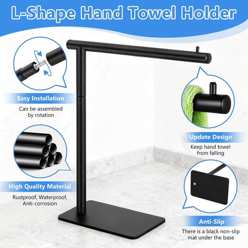 Hand Towel Holder, L-Shape Hand Towel Stand for Bathroom, Stainless Steel Hand Towel Rack Bar Standing for Vanity Kitchen Countertop, Black