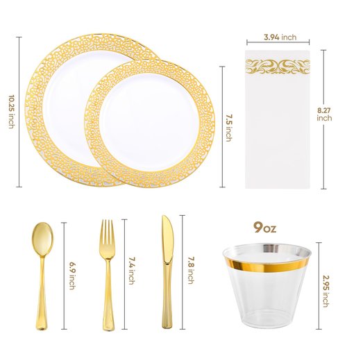 VajilaPhil 350-Piece Gold Hollow Plastic Dinnerware Set for 50 Guests, Disposable Dinnerware for Party, Wedding. Includes Dinner Plates, Dessert Plates, Gold Silverware, Napkins, Cups