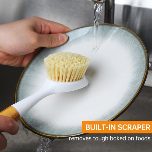Cooptop 3 Pack Dish Brush Set with Bamboo Handle, Dish Scrubber Built-in Scraper, Kitchen Scrub Brush for Cleaning Cast Iron Cookware, Pans, Pots, Counter & Kitchen Sink (White)