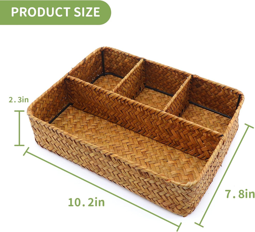 Skiennix Wicker Baskets - 4-Section Tea Bag & Sugar Packet Holder | Seagrass Compartment Organizer