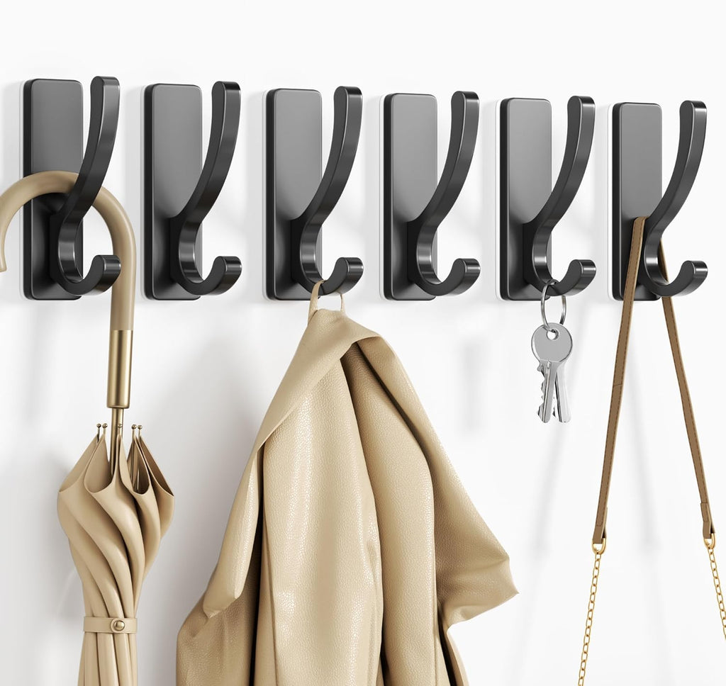 Pickpiff Adhesive Wall Hooks - Heavy Duty Sticky Hooks for Towels & Coats | No Damage, Black 4 Pack