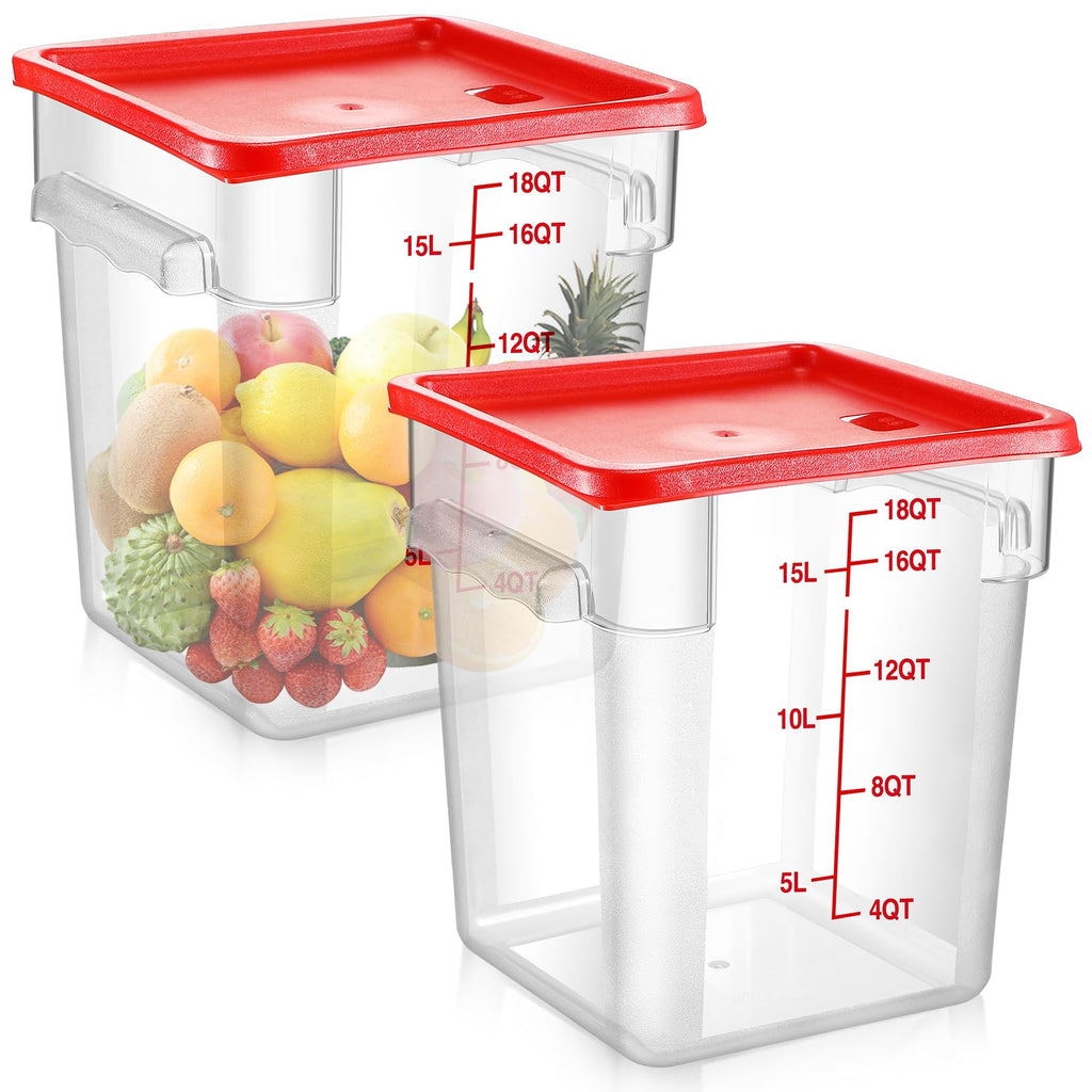Suclain 2 Pcs Square Food Storage Container Polycarbonate Clear Food Container with Lid Commercial Rice Storage with Graduations for Commercial Kitchen(18 Qt,Red)