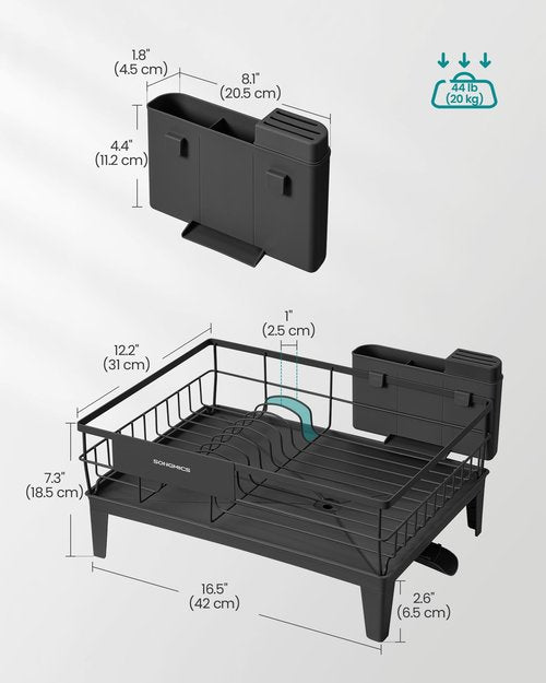 SONGMICS Dish Drying Rack, Kitchen Dish Rack, with Drainboard, 360° Rotatable and Extendable Spout, with Cutlery Holder, 12.2 x 16.5 x 7.3 Inches, Ink Black UKCS550B01