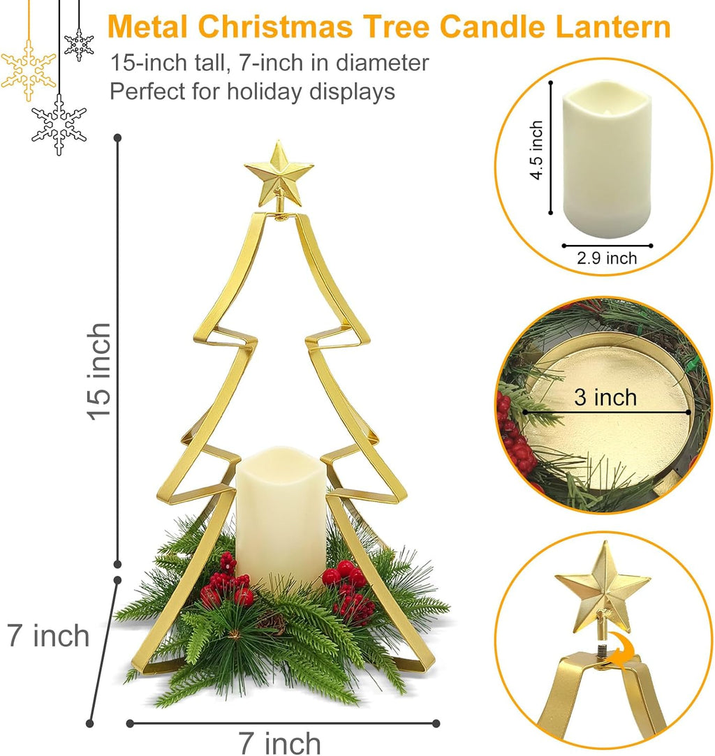 Regine Switzerland Christmas Table Centerpiece - Metal Tree Candle Holder with Battery Operated Light & Red Berries Decor
