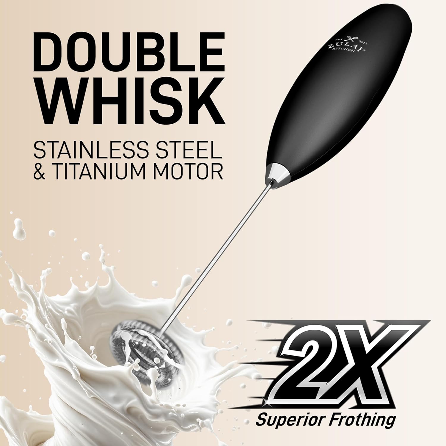 Zulay Kitchen Double Whisk Milk Frother - Powerful Handheld Foam Maker for Coffee, Lattes & More - Includes 2 Duracell Batteries