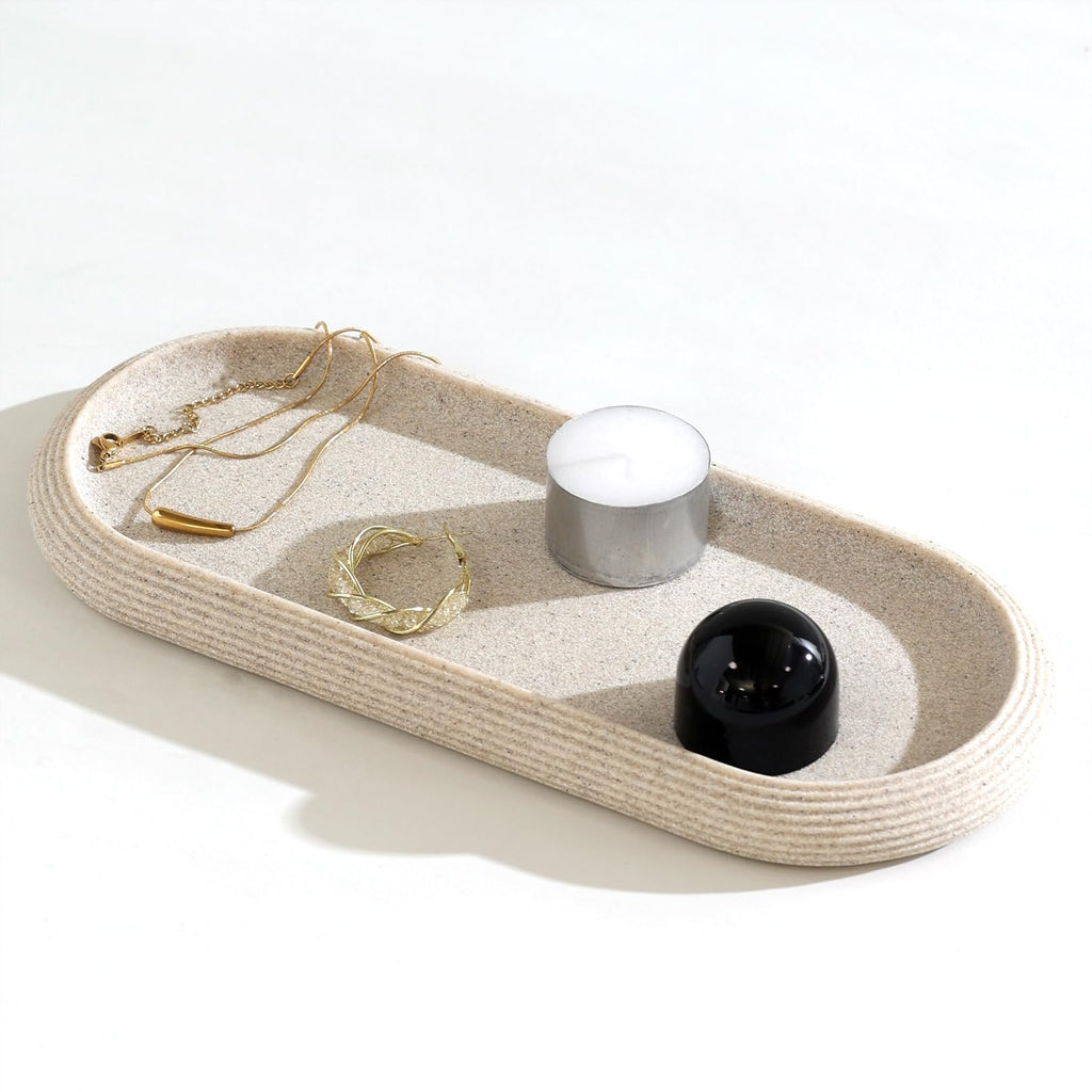 Haocoott Jewelry Tray Bathtub, Resin Stone Look Decorative Perfume Tray, Bathroom Marble Vanity Organizer Plate Holder for Ring Soap Towel Small Things on Kitchen Sink Countertop (Beige, Medium)