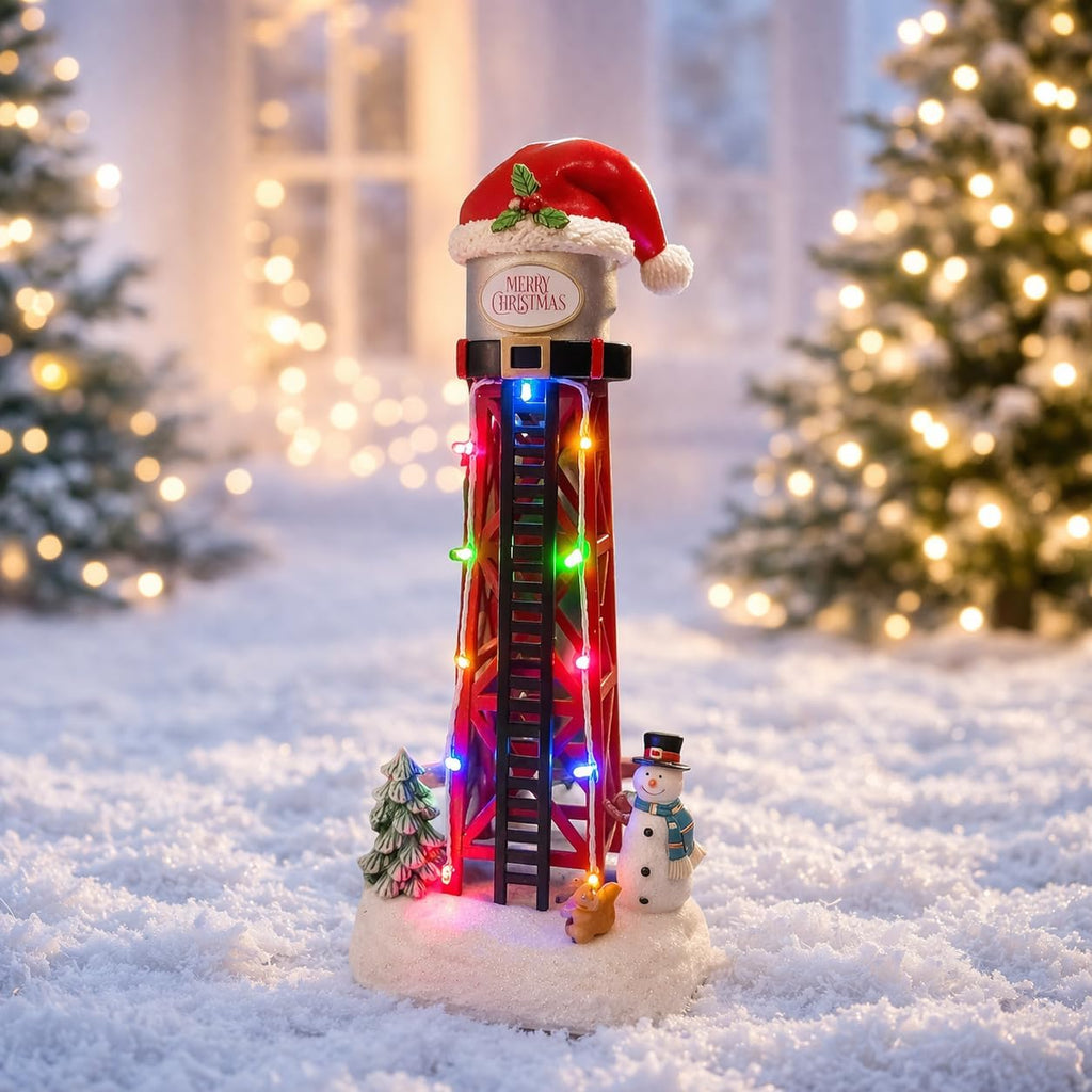 Moments In Time Water Tower Christmas Village - 12” LED Holiday Decoration with Santa Hat & Snowman
