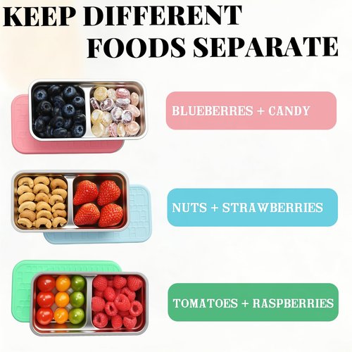 Korythar 3 Pack 15oz Stainless Steel Snack Containers for Kids, Reusable Metal Snack Containers with Silicone lids, Leak Proof 2 Compartment Stackable Metal Toddler Lunch Box for Daycare, School