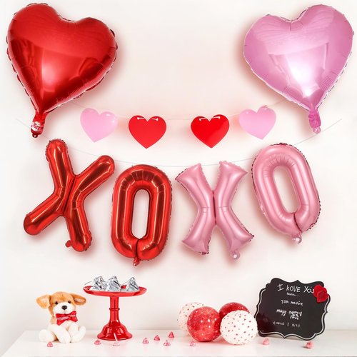 Froova Red XOXO Heart Balloons 6 Pcs Valentines Day Balloons Red Pink Gold Heart Shaped Balloon XOXO Balloon Letters for Girls Women Anniversary Sweet Valentine Day Romantic Decor Special Night Party
