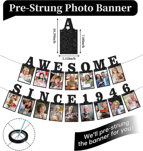 Awesome Since 1946 Photo Banner - Black Glitter 80th Birthday & Anniversary Decorations