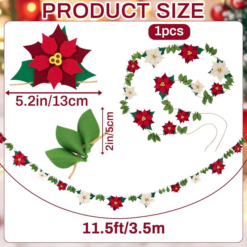 11.5 ft Poinsettia Felt Garland – Red Poinsettia Christmas Garlands for Mantel & Staircase