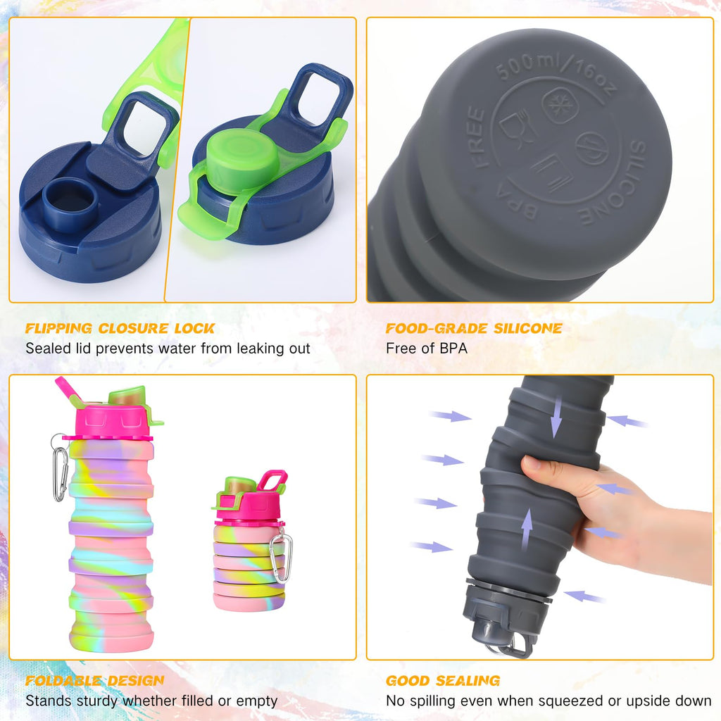 Sunnyray Collapsible Water Bottles Bulk Foldable Water Bottles 17oz Silicone Portable Leak Proof Reusable Sports with Clip for Travel Hiking Camping Outdoor(Camouflage,30 Pack)
