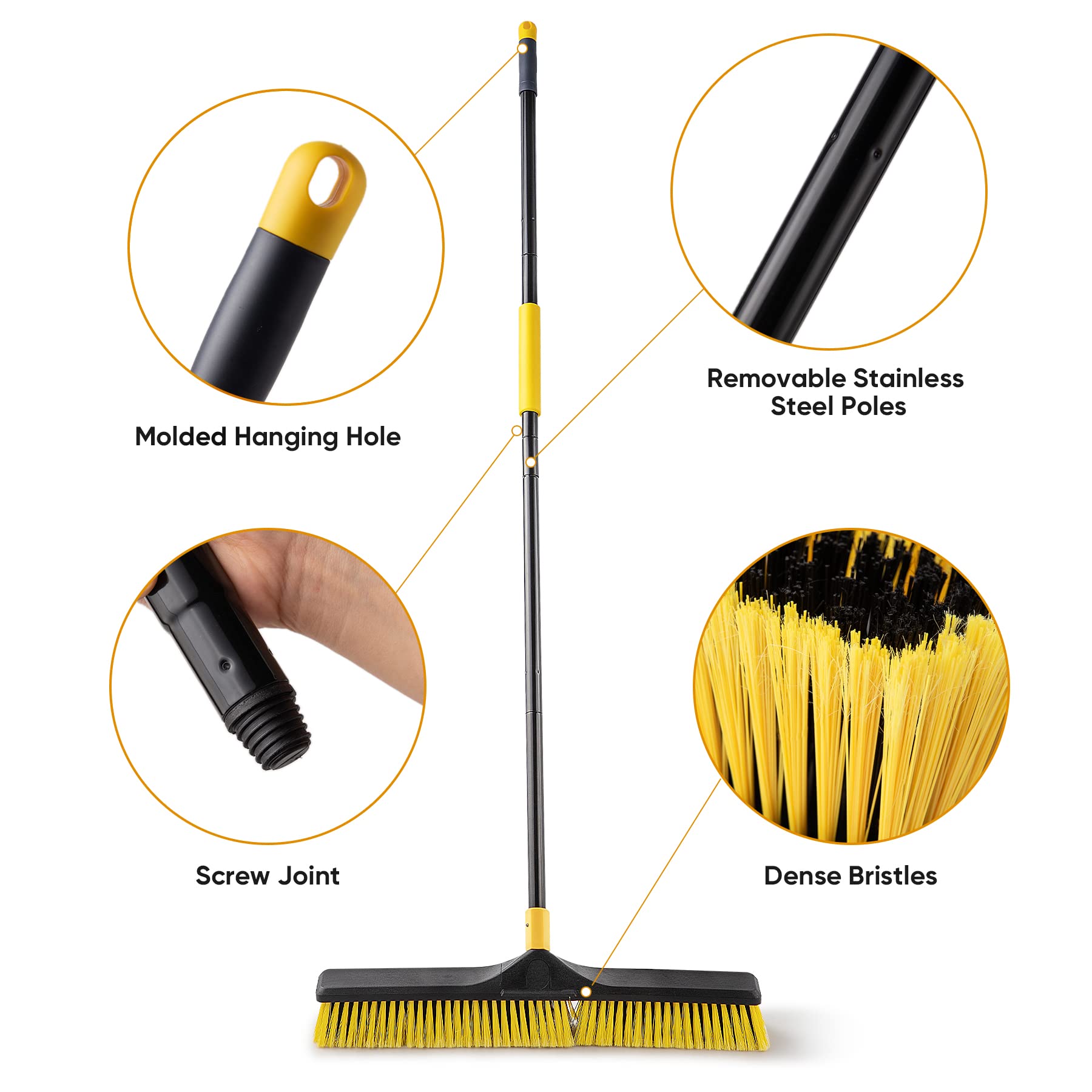 Yocada 24 inch Push Broom Brush 65.3 inch Long Handle Stiff Bristles Heavy-Duty Outdoor Commercial Broom for Cleaning Bathroom Kitchen Patio Garage Deck Concrete Wood Stone Tile Floor