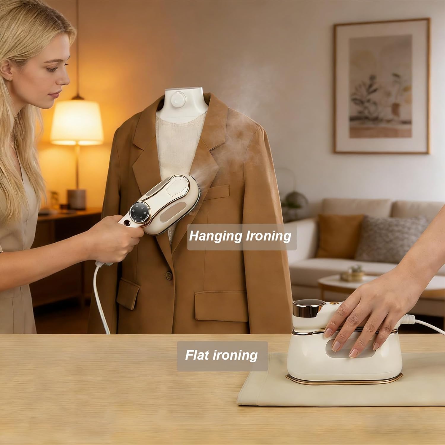 Skiennix Travel Steam Iron - 1200W Mini Garment Steamer with LCD Screen & 180° Rotating Handle - White