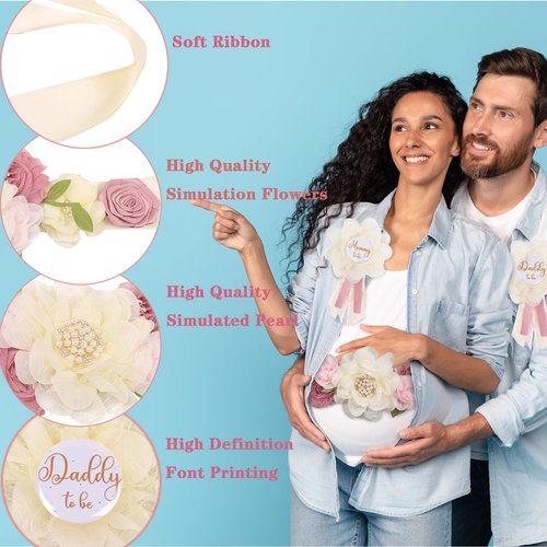 Afkengung Maternity Sash Set for The Mommy and Daddy-to-be, with Corsage Pin Flowers as Baby Shower Souvenirs.Perfect for Gender Reveal Decorations and Pregnancy Photography Props (Creamy White)