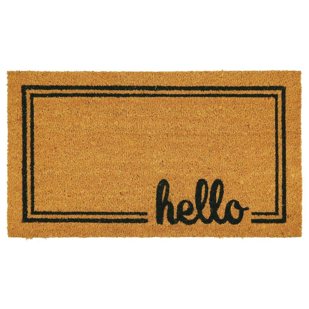 mDesign Rectangular Coir and Rubber Entryway Welcome Doormat with Natural Fibers for Indoor or Outdoor Use - Decorative Script Hello Design - Natural/Black