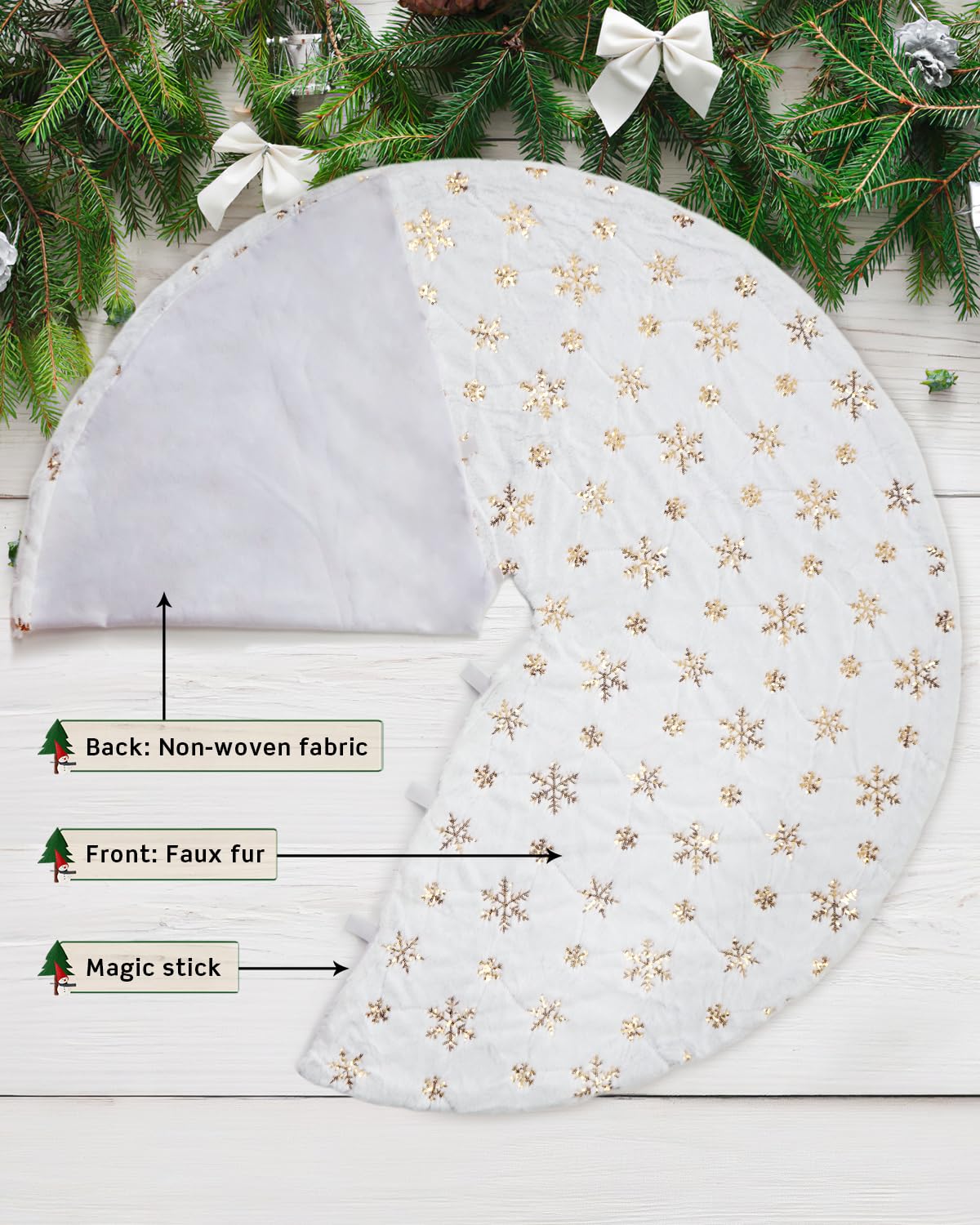 COOLWUFAN 60 Inches Faux Fur Christmas Tree Skirt for Xmas Tree Holiday Party Decoration White Plush Gold Sequin Snowflake (Gold)