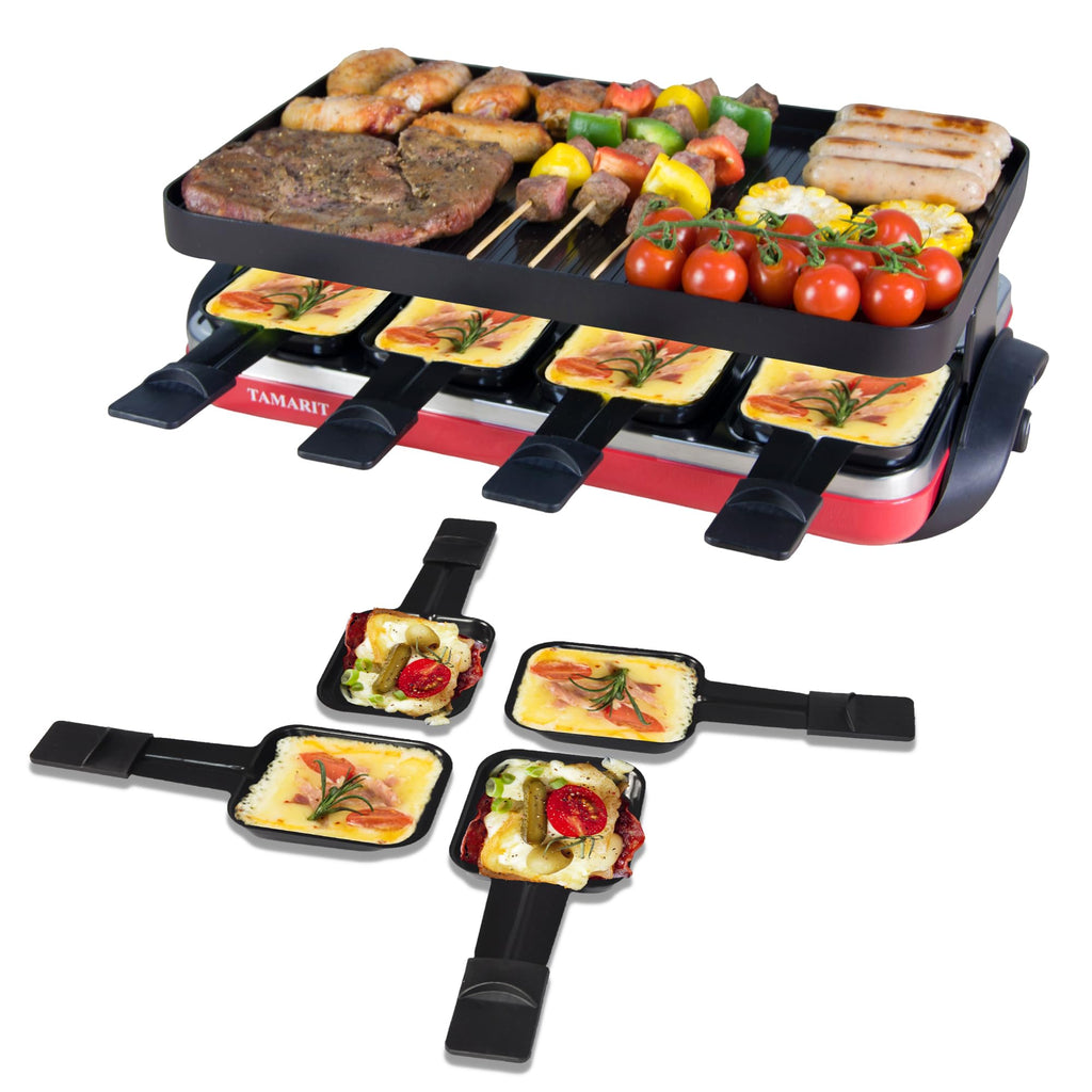 TAMARIT Classic 8 Person Raclette Grill 1500W Electric Tabletop Griddle with Reversible Plate, 8 Non-Stick Cheese Trays and Spatulas Indoor Portable Korean BBQ Barbecue Party Grill Red