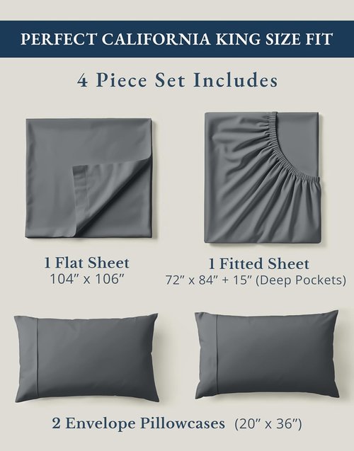 LANE LINEN 100% Organic Cotton California King Sheet Set - Fully Elasticized, Deep Pocket, Machine Washable | Charcoal
