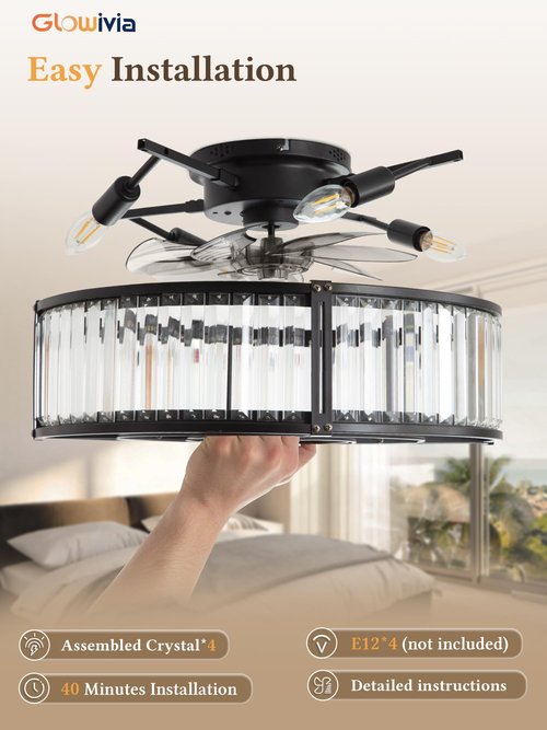20 Inch Fandelier Ceiling Fan with Light, Crystal Chandelier Ceiling Fans, Caged Ceiling Fan with 6-Speeds, 1/2/4/8H Timer, Quiet DC Motor, Black Flush Mount Ceiling Fans for Bedroom, Living Room