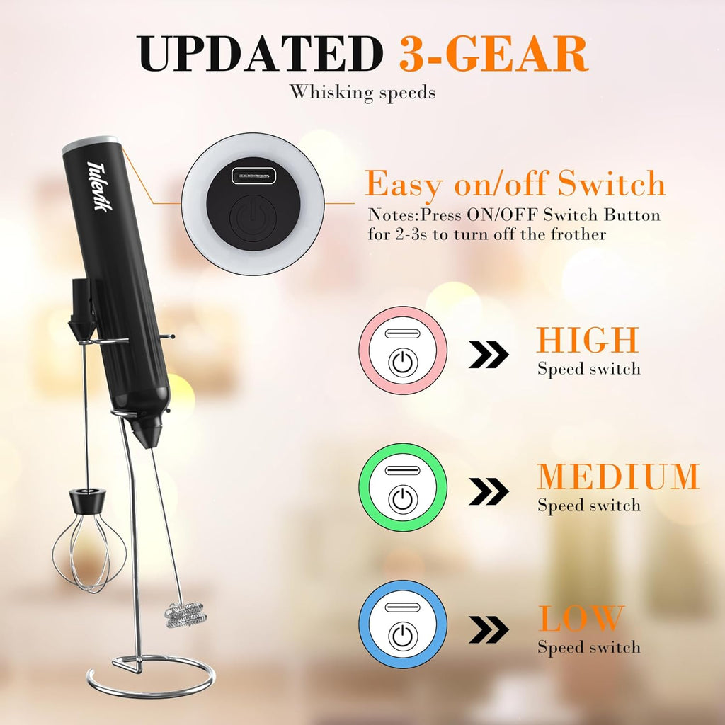 Milk Frother Handheld - Electric Coffee Frother Wand with USB Rechargeable 3 Speeds | Mini Black Frother for Lattes, Cappuccinos, and More