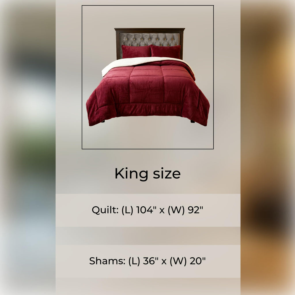 Lavish Home 3 Piece Sherpa/Fleece Comforter Set, King, Burgandy