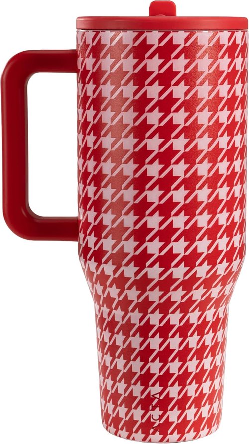 HydroJug Traveler - 40 Oz Insulated Water Bottle with Handle & Flip Straw | Leak-Resistant, Fits Cup Holder - Halle Houndstooth Design
