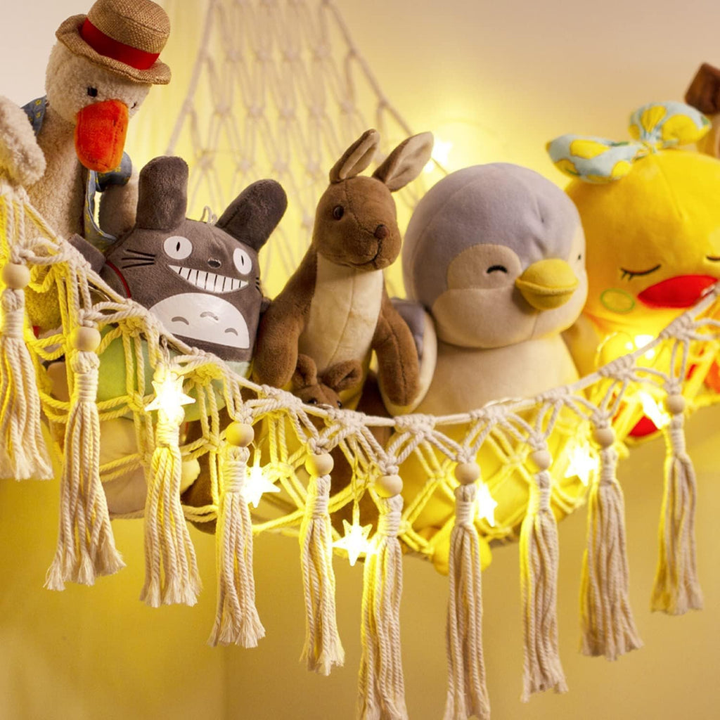 Skiennix Stuffed Animal Toy Storage Hammock with LED Light | Jumbo Macrame Plushie Organizer for Kids' Room Decor