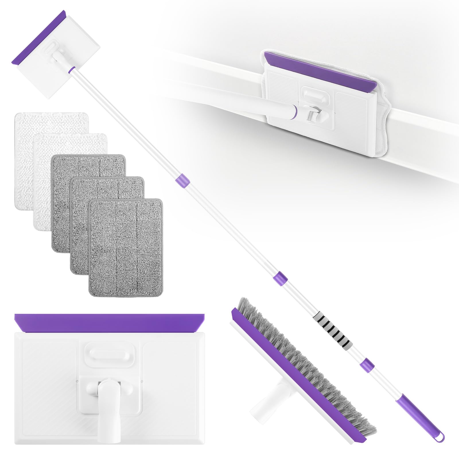 wlich Baseboard Cleaner Tool with Handle 2.0, 60" Extendable Long Handle, Dust Trapping and Locking, 5 Reusable Pads, Purple Base Boards Cleaning Tool for Moldings, Wall, Floor, Bathroom, Kitchen