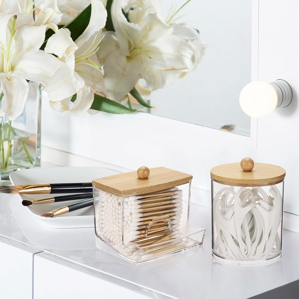 Tbestmax Q-Tips Dispenser - Stylish Bathroom Container with Bamboo Lid | 10/12 oz Cotton Ball Holder