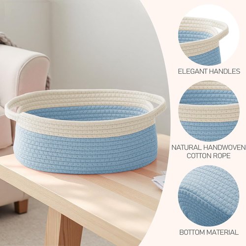 JMvicyroam Woven Basket - Small Rope Storage Bin with Handles for Organizing Shelves & Closets | White & Blue