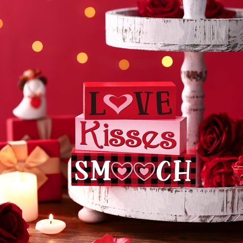 Burbell 3 Pcs Valentine Table Decoration Signs Tiered Tray Valentine Wooden Love Blocks Heart Wood Freestanding Decor for Farmhouse Centerpiece Wedding Gift(Sweet Style)