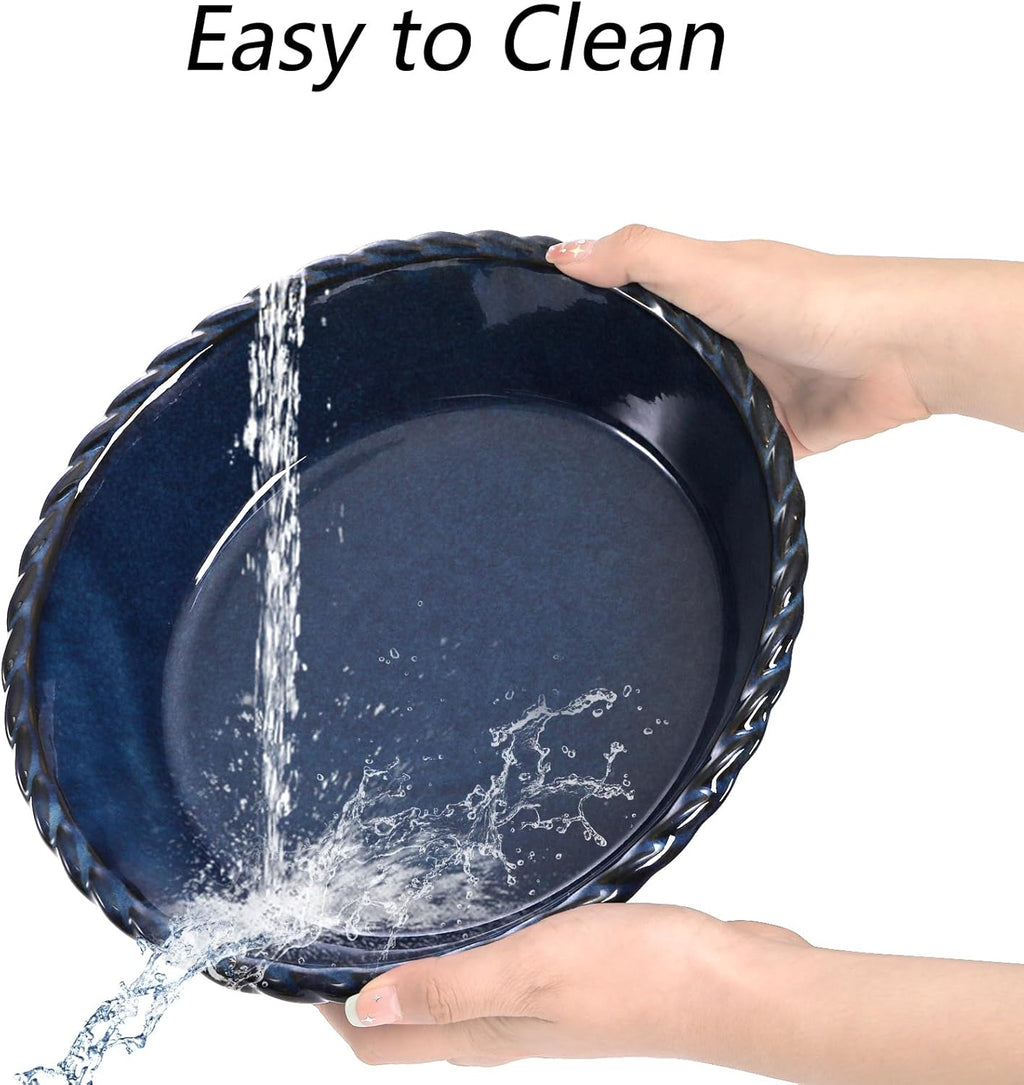 Peohud 10-Inch Deep Fluted Ceramic Pie Pans - 2 Pack Round Baking Dishes for Quiche & Pies | Blue