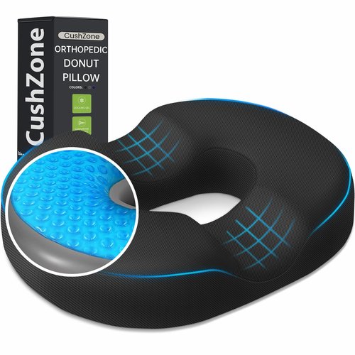 Donut Pillow Seat Cushion - Cooling Gel Stadium Seat Cushion, Memory Foam Chair Cushion for Office and Home, Car Seat Cushion, Hemorrhoids Pillow, Sciatica and Tailbone Pain Relief, Black